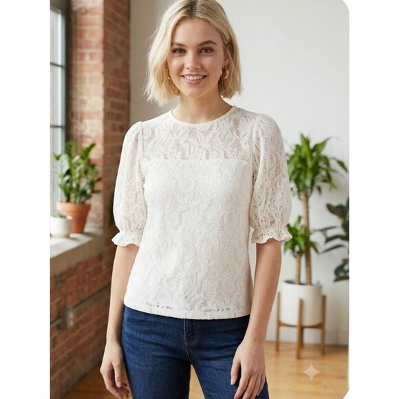 Anthropologie Tops - Anthropologie Cottagecore White Lace Puff Sleeve Top Like New Small